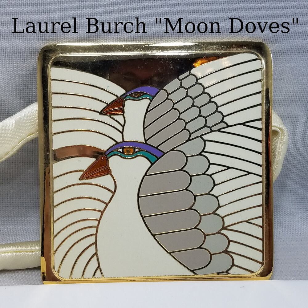 Vintage Laurel Burch "Moon Doves" Pendant Necklace, Gold Plated Cloisonne